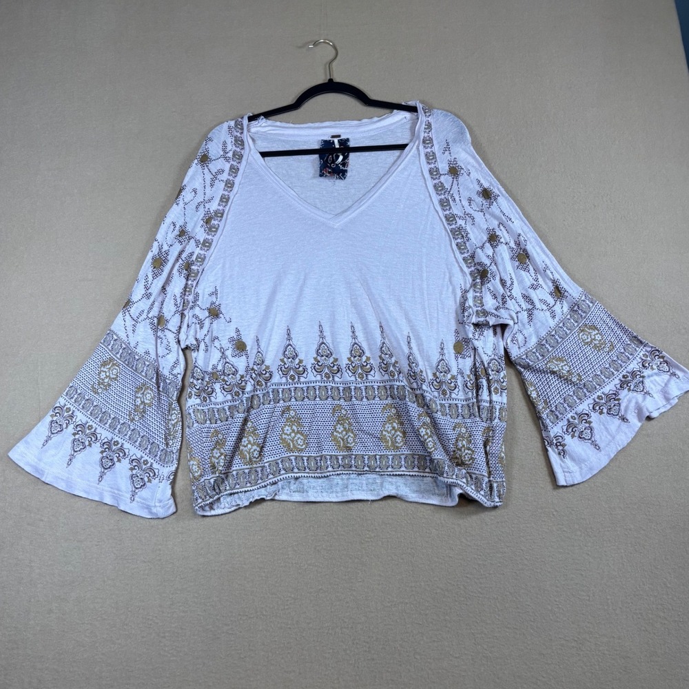Free People Women Medium V-Neck Bell Sleeve Boho Block Print Linen Blend Top